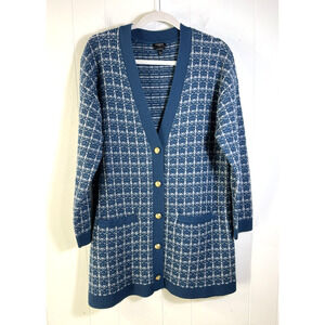 Talbots Plaid Cardigan Sweater Pure Merino Wool Size XLP Blue Button Up Preppy